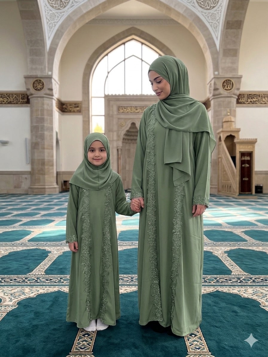 Two Piece Floral Lace Trim Abaya - Light green