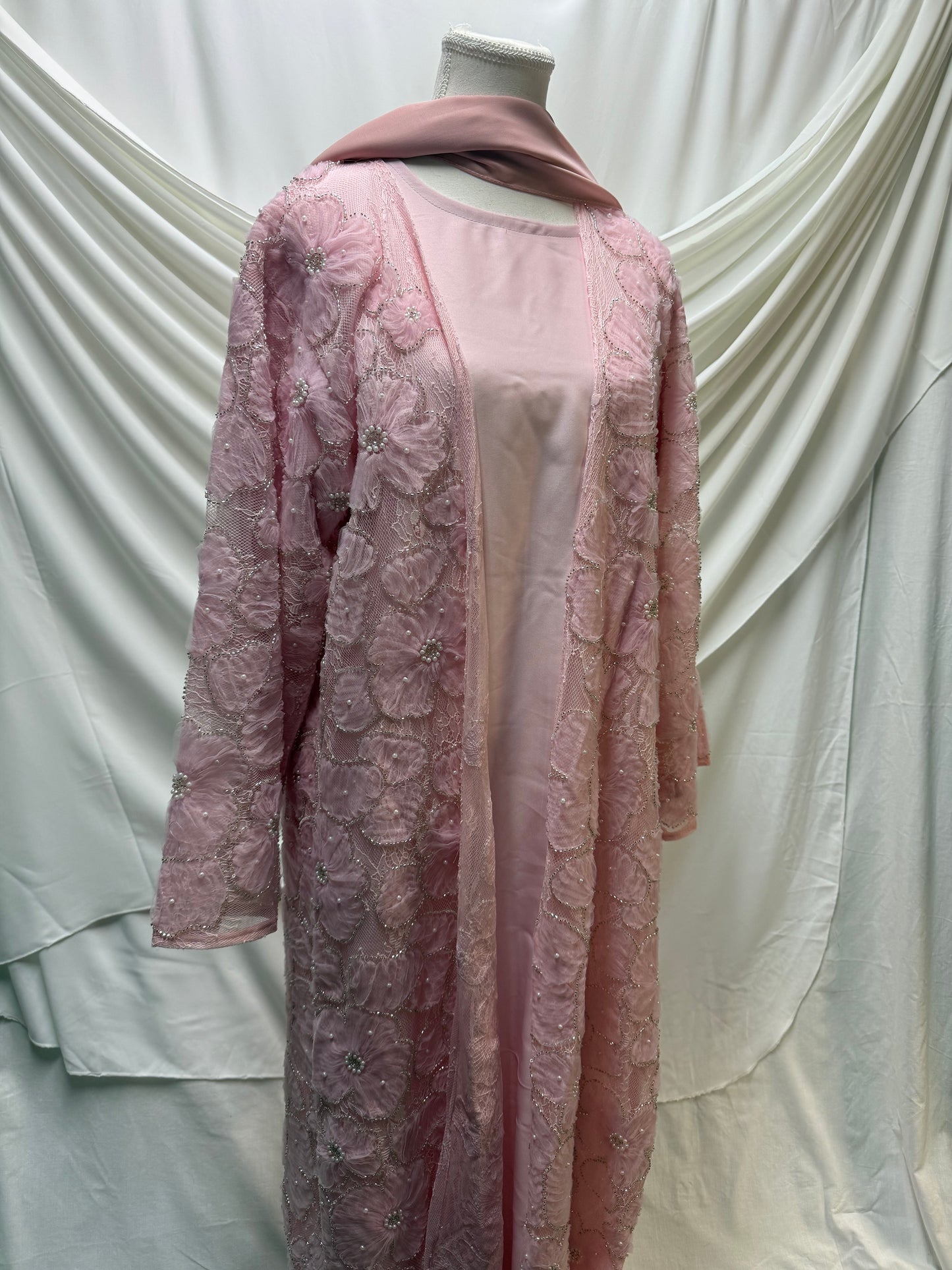 3D Floral Tulle Abaya - Pink