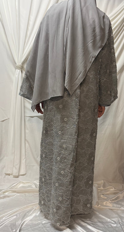3D Floral Tulle Abaya - Grey