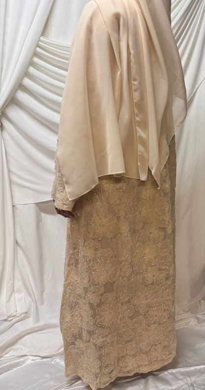 3D Floral Tulle Abaya - Peach
