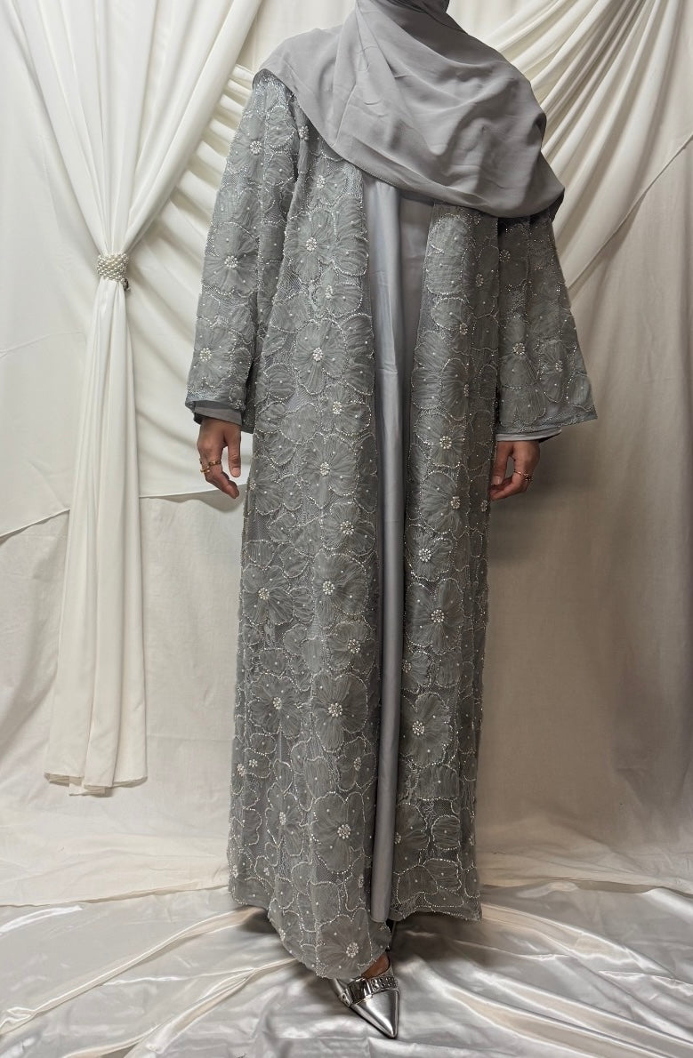 3D Floral Tulle Abaya - Grey