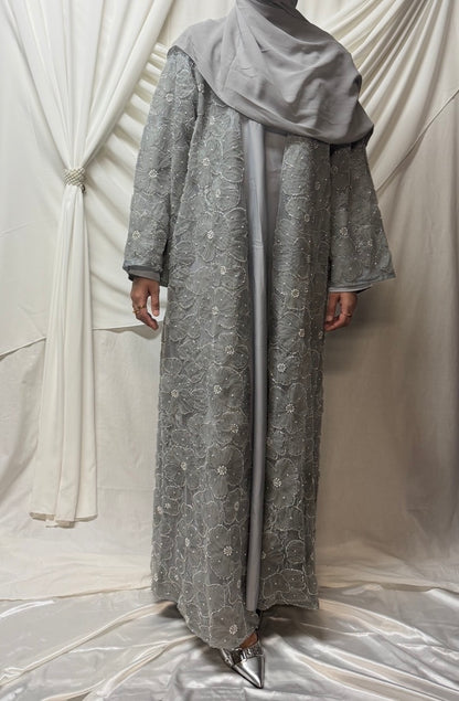 3D Floral Tulle Abaya - Grey