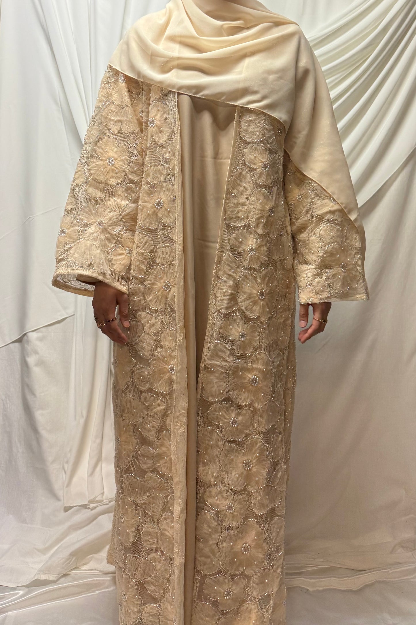 3D Floral Tulle Abaya - Peach