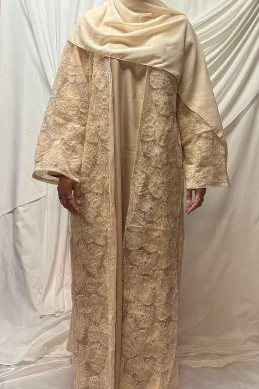 3D Floral Tulle Abaya - Peach