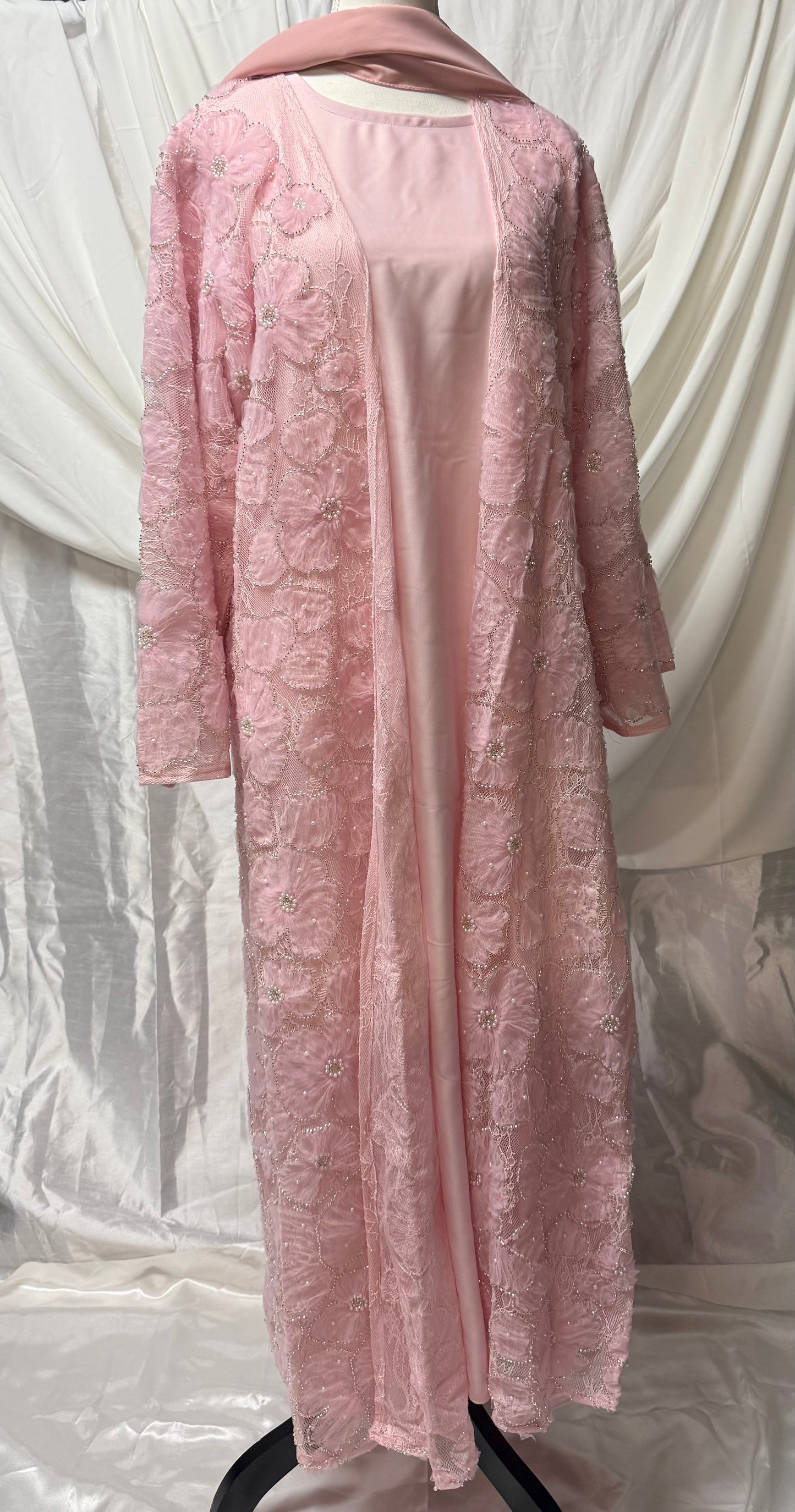3D Floral Tulle Abaya - Pink