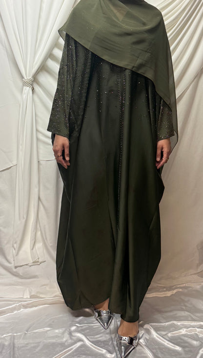 Embellished Butterfly Abaya - Olive Green