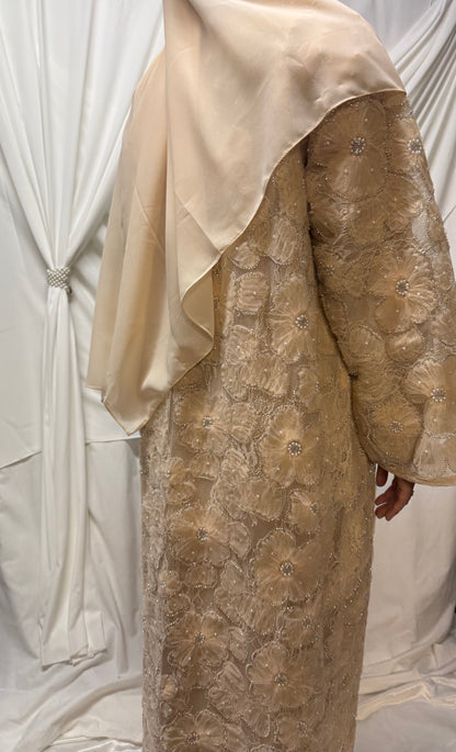 3D Floral Tulle Abaya - Peach