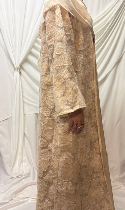3D Floral Tulle Abaya - Peach