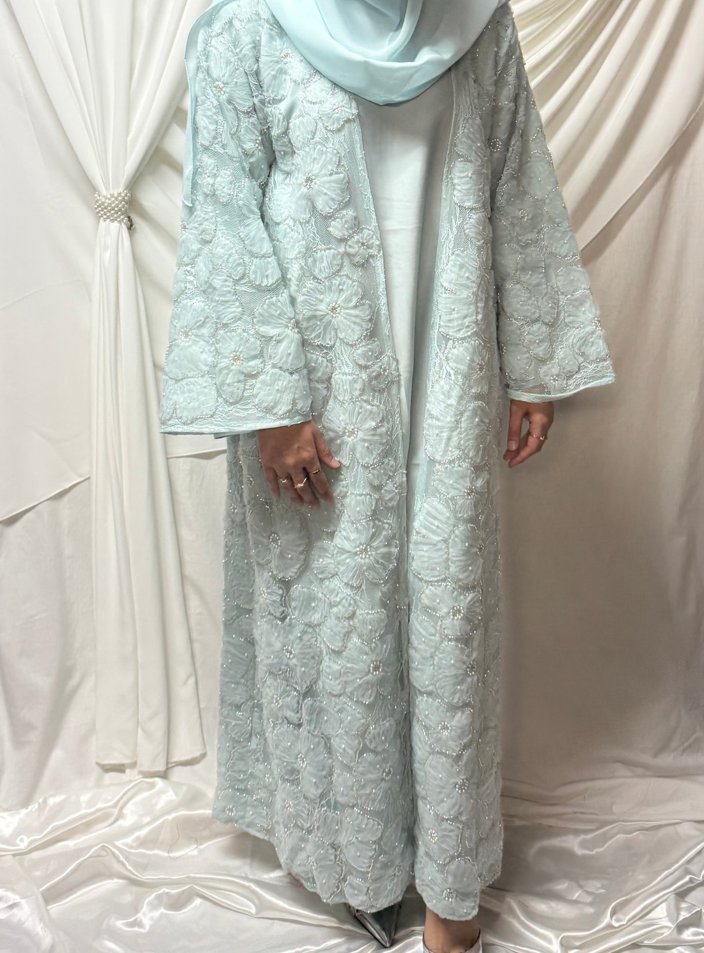 3D Floral Tulle Abaya - Sky Blue