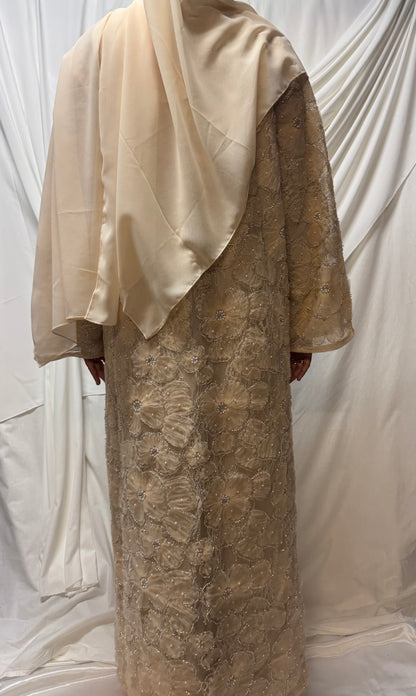 3D Floral Tulle Abaya - Peach