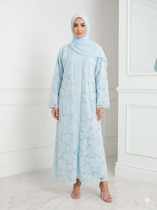 3D Floral Tulle Abaya - Sky Blue