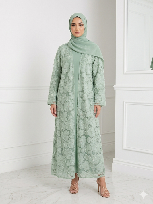3D Floral Tulle Abaya - Light green