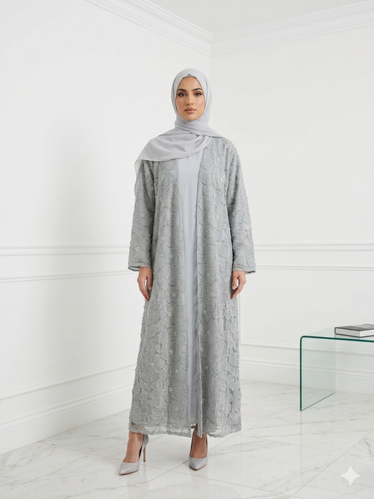 3D Floral Tulle Abaya - Grey