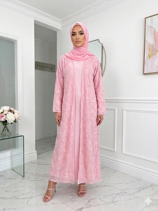 3D Floral Tulle Abaya - Pink