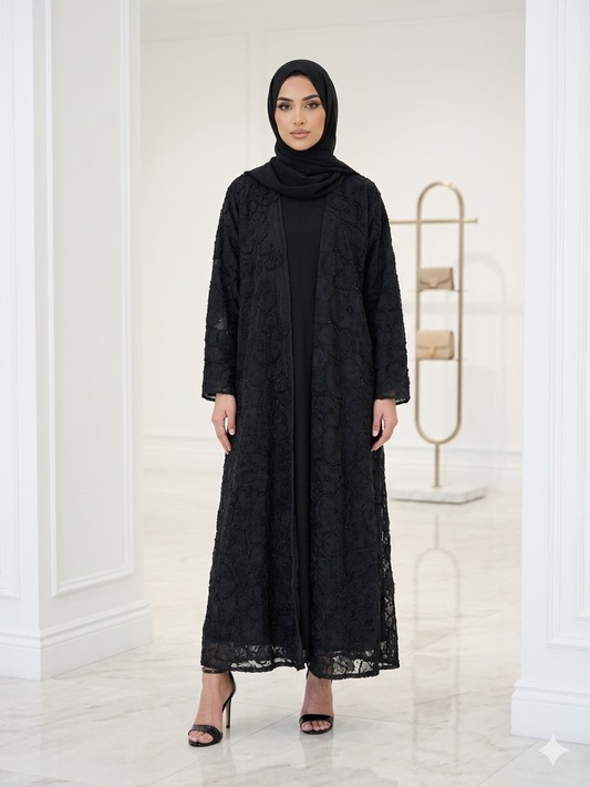 3D Floral Tulle Abaya - Black