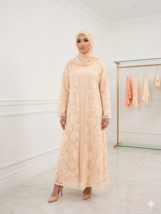 3D Floral Tulle Abaya - Peach