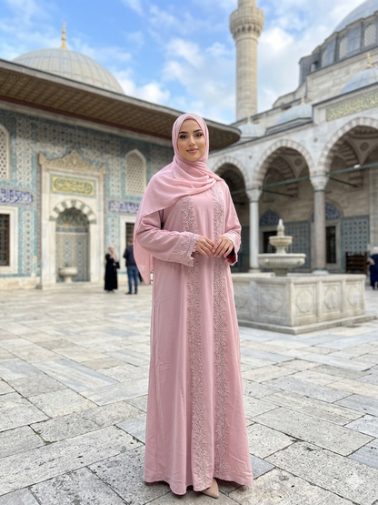 Two Piece Floral Lace Trim Abaya - Pink