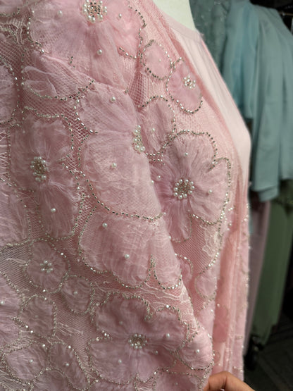 3D Floral Tulle Abaya - Pink