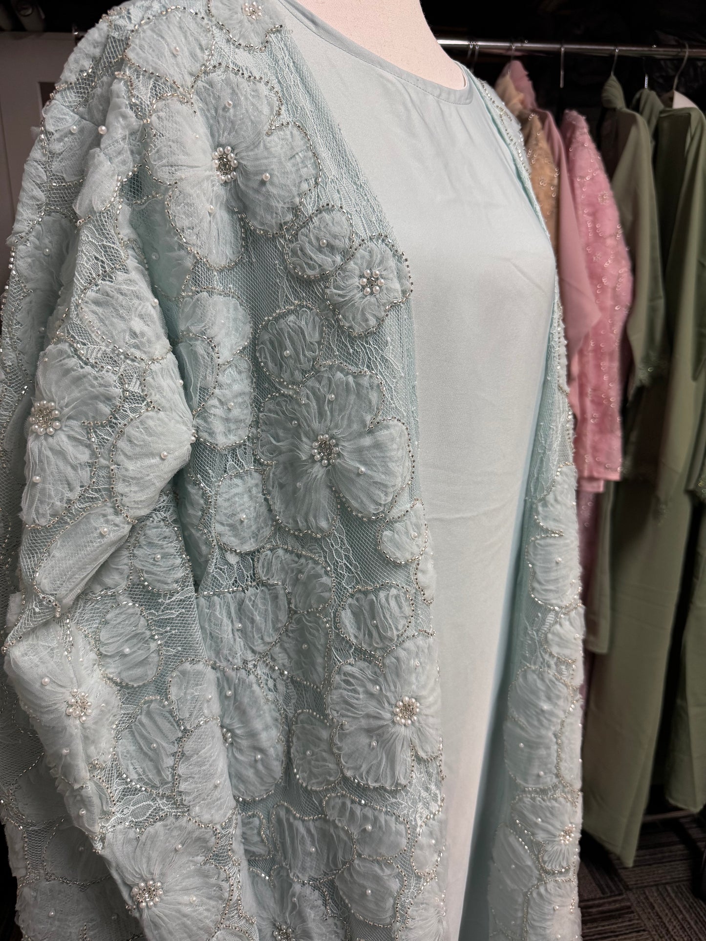 3D Floral Tulle Abaya - Sky Blue