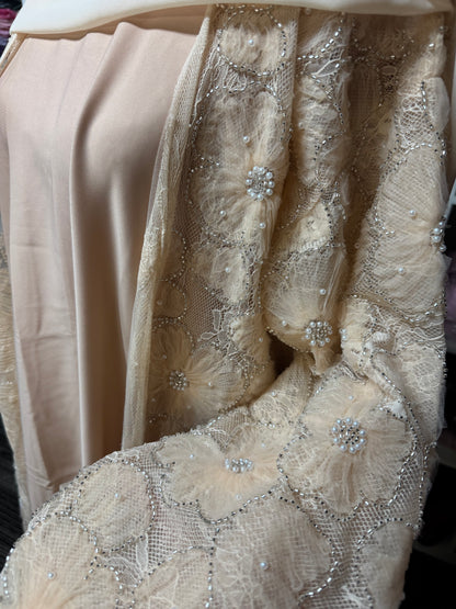 3D Floral Tulle Abaya - Peach