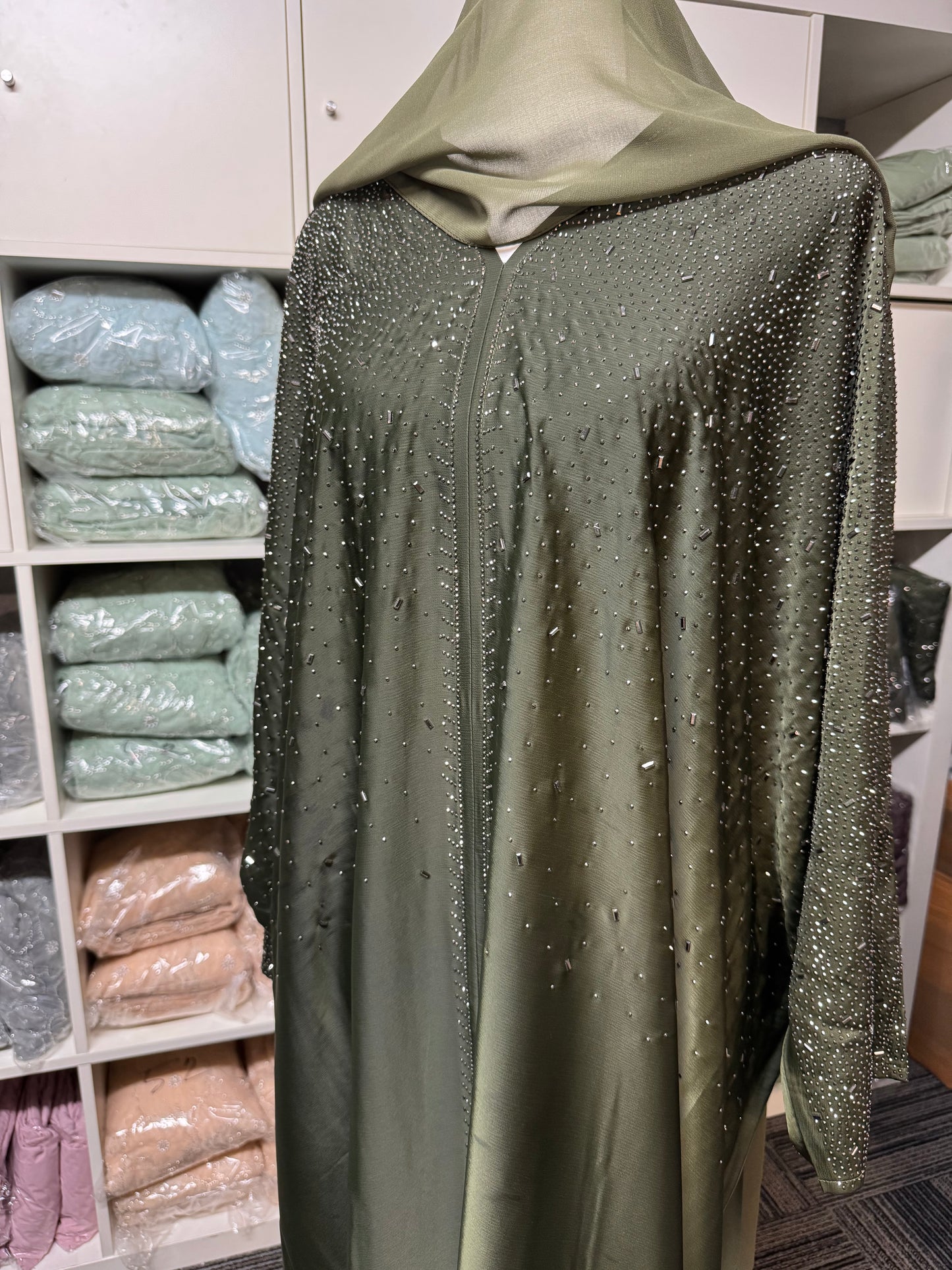 Embellished Butterfly Abaya - Olive Green