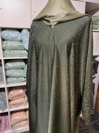 Embellished Butterfly Abaya - Olive Green