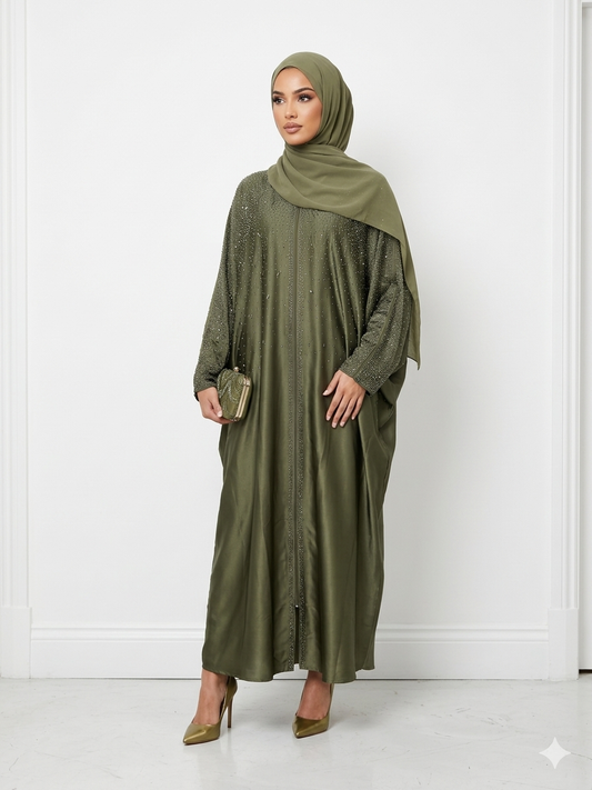 Embellished Butterfly Abaya - Olive Green