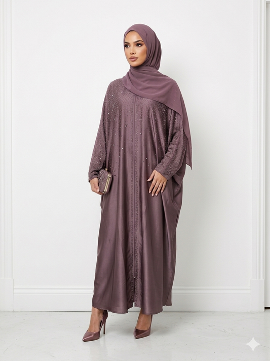 Embellished Butterfly Abaya - Dark Mauve