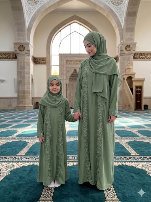 Junior Girls Two Piece Floral Lace Trim Abaya - Light green