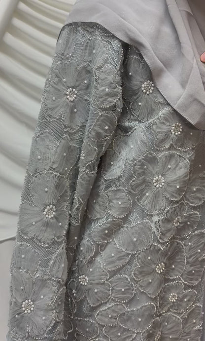 3D Floral Tulle Abaya - Grey