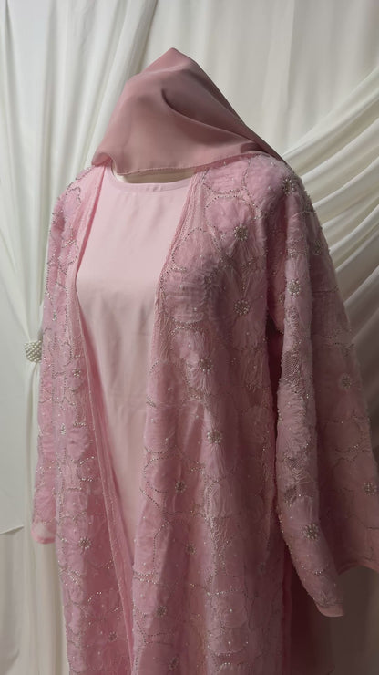 3D Floral Tulle Abaya - Pink