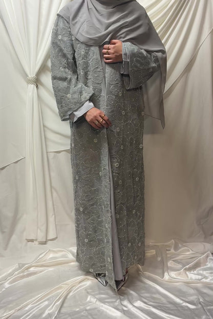 3D Floral Tulle Abaya - Grey