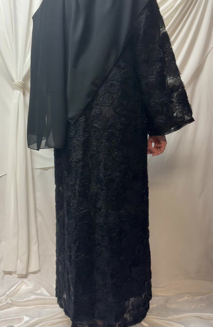 3D Floral Tulle Abaya - Black