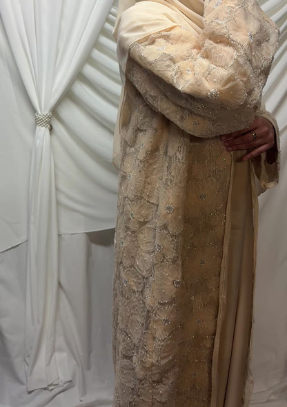 3D Floral Tulle Abaya - Peach