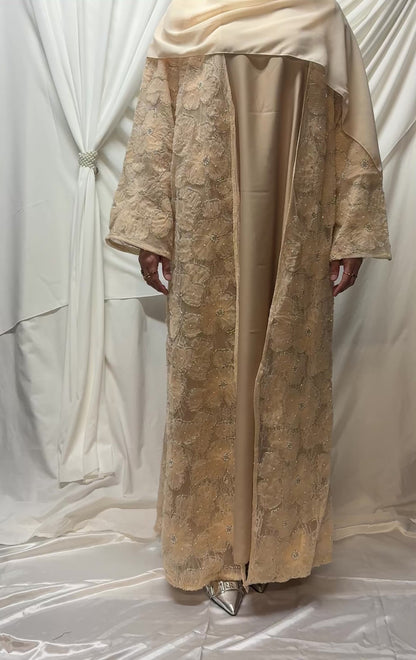 3D Floral Tulle Abaya - Peach