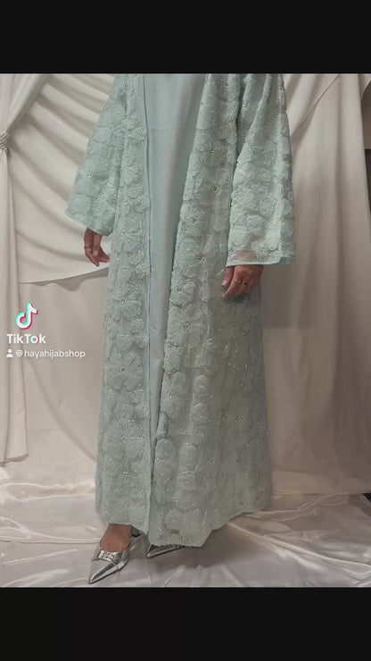 3D Floral Tulle Abaya - Sky Blue