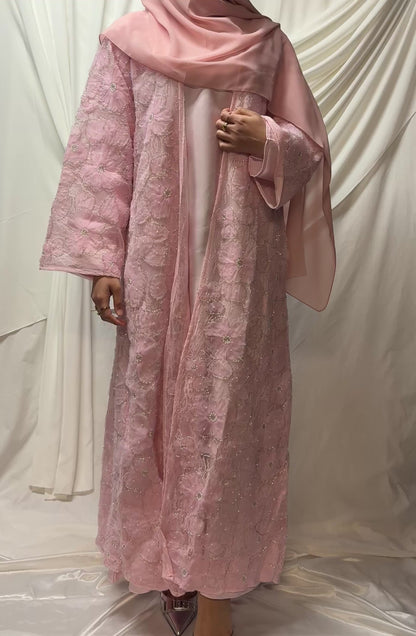 3D Floral Tulle Abaya - Pink