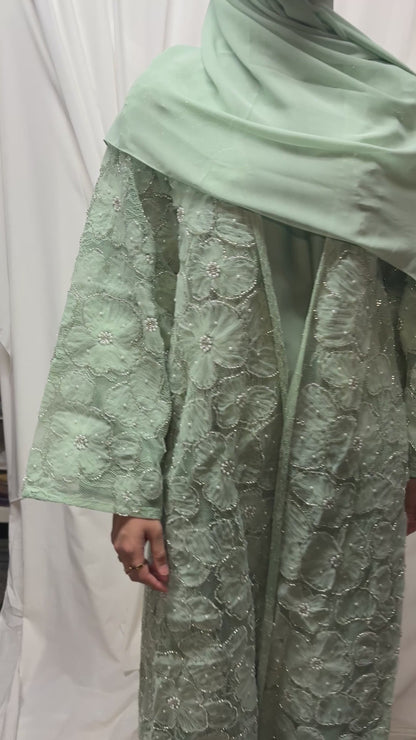 3D Floral Tulle Abaya - Light green