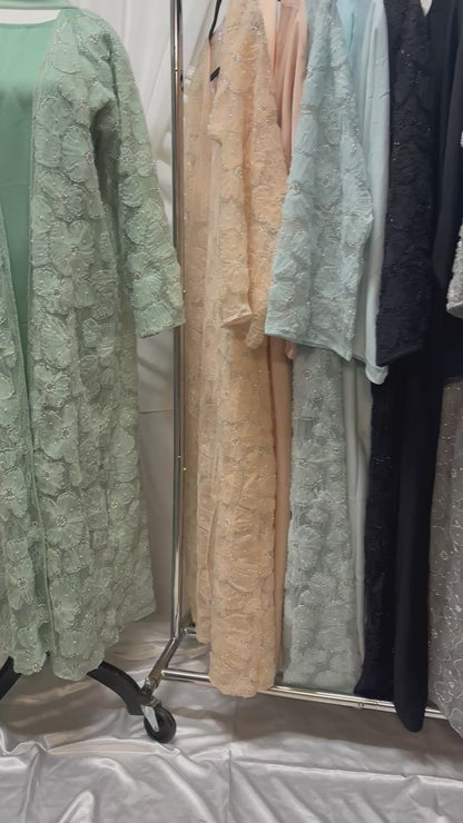 3D Floral Tulle Abaya - Light green