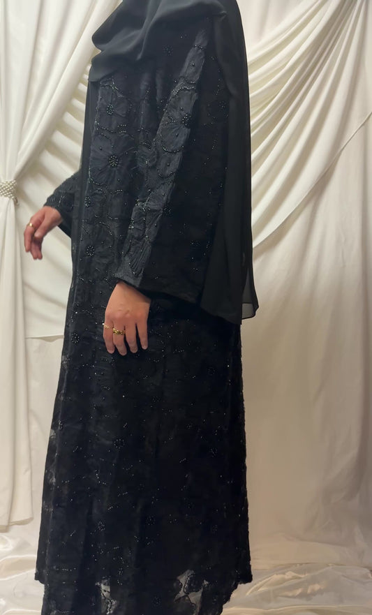 3D Floral Tulle Abaya - Black