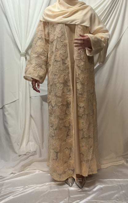 3D Floral Tulle Abaya - Peach
