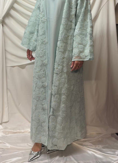 3D Floral Tulle Abaya - Sky Blue