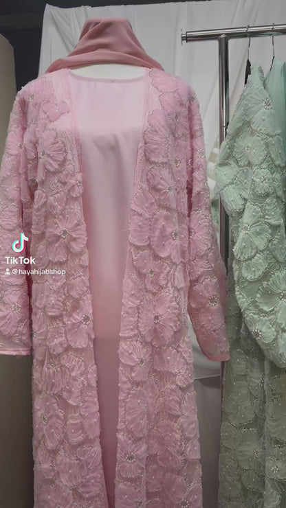 3D Floral Tulle Abaya - Pink