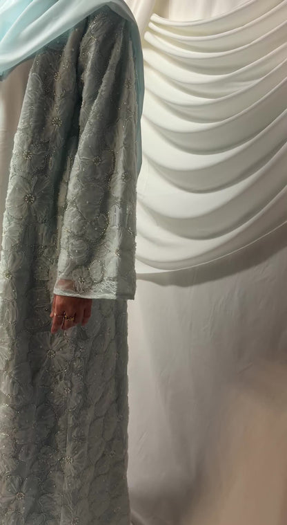 3D Floral Tulle Abaya - Sky Blue