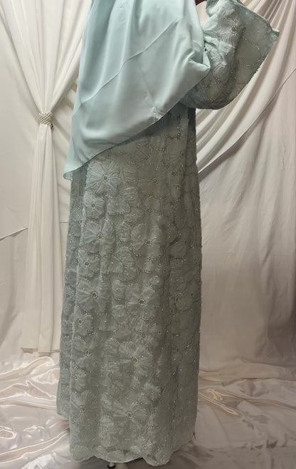 3D Floral Tulle Abaya - Sky Blue