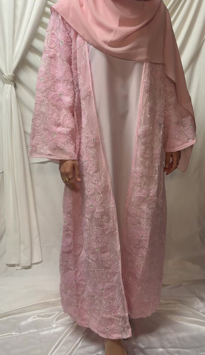 3D Floral Tulle Abaya - Pink