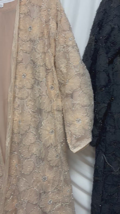 3D Floral Tulle Abaya - Black