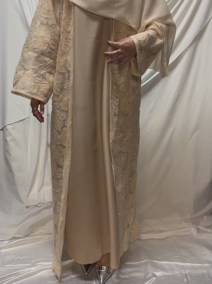 3D Floral Tulle Abaya - Peach