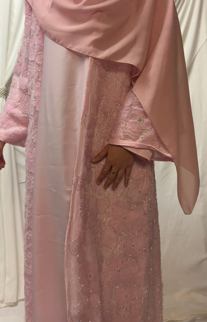 3D Floral Tulle Abaya - Pink